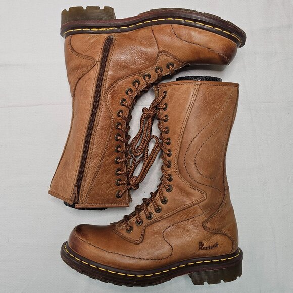 Doc Dr Martens 14 Hole Tan Tall Leather Boots Air Wair 11472 Women's 8 Men's 7i - Picture 7 of 13